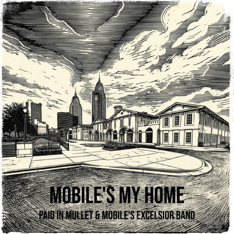 Mobile's My Home — single artwork showing a woodcut-style illustration of Mobile, Alabama skyline